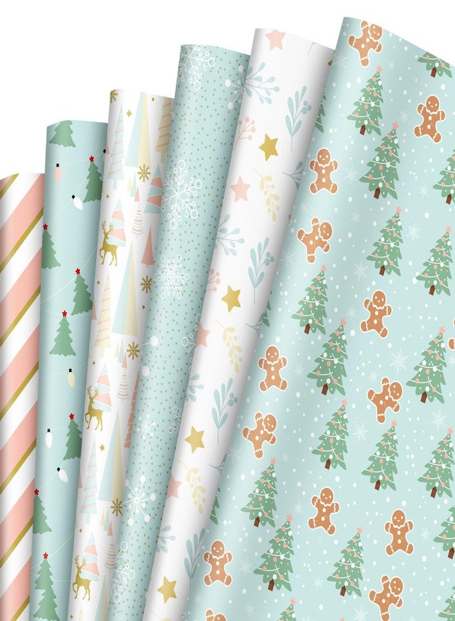 وولاين ورق تغليف هدايا عيد الميلاد من والين، ١٢ ورقة، بتصميم شجرة عيد الميلاد وخبز الزنجبيل، باللون الأخضر النعناعي والوردي، مقاس ١٩.٧ × ٢٧.٦ بوصة، ورق مطوي مسطح، مثالي لتزيين هدايا حفلات الشتاء والمناسبات والحرف اليدوية. - Image 1